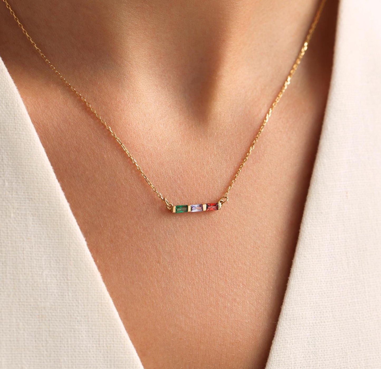 Personalized Family Birthstone Necklace, Custom Baguette Birthstone Jewelry for Mom, Mothers Day Gift, Birthday Gift for Her