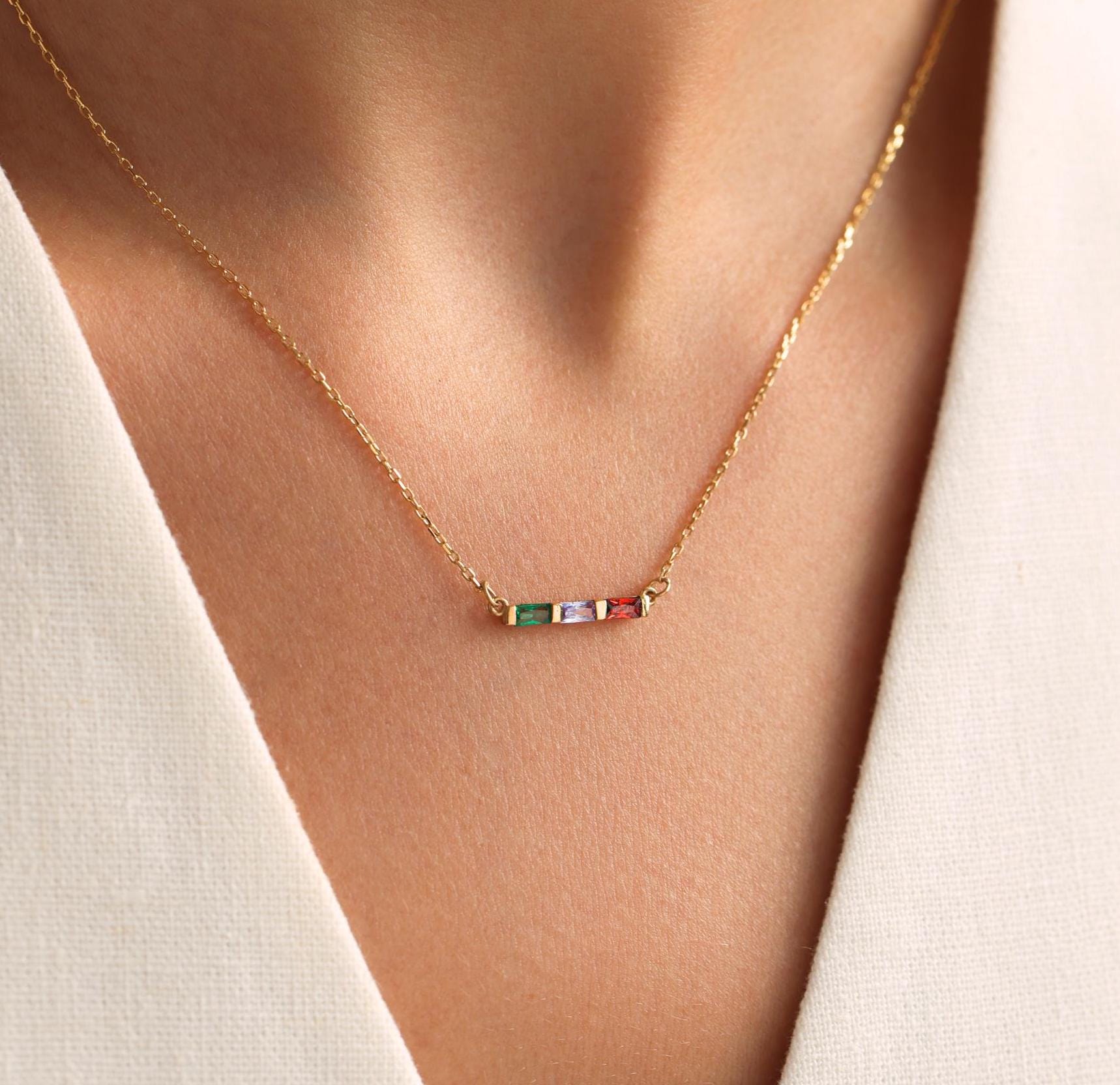 Personalized Family Birthstone Necklace, Custom Baguette Birthstone Jewelry for Mom, Mothers Day Gift, Birthday Gift for Her