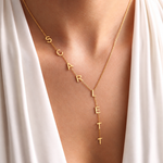 Personalized lariat name necklace in 14K solid yellow gold – drop name necklace with up to 13 letters