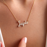 Personalized pavé name necklace in gold finish – CZ crystal script letters on delicate chain, 925 sterling silver