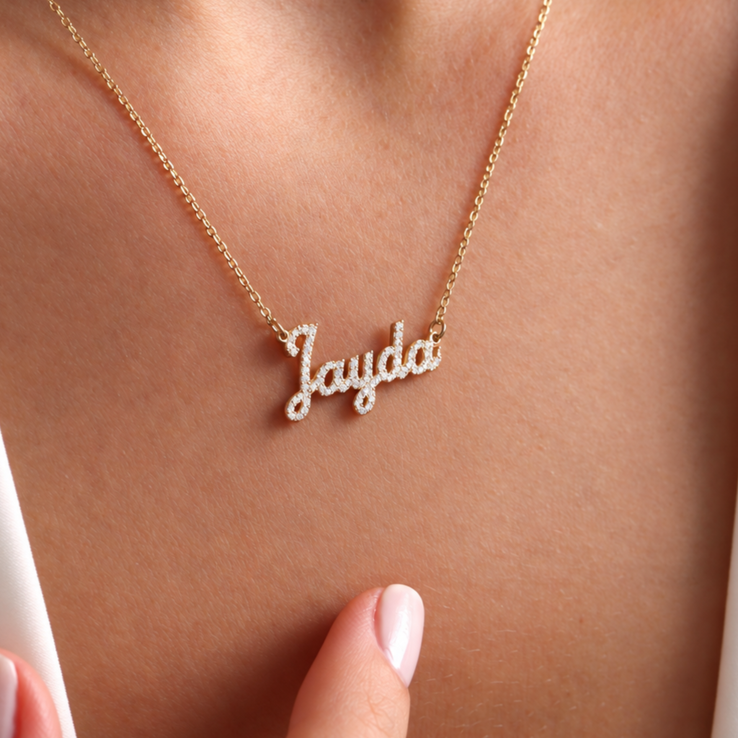 Personalized pavé name necklace in gold finish – CZ crystal script letters on delicate chain, 925 sterling silver