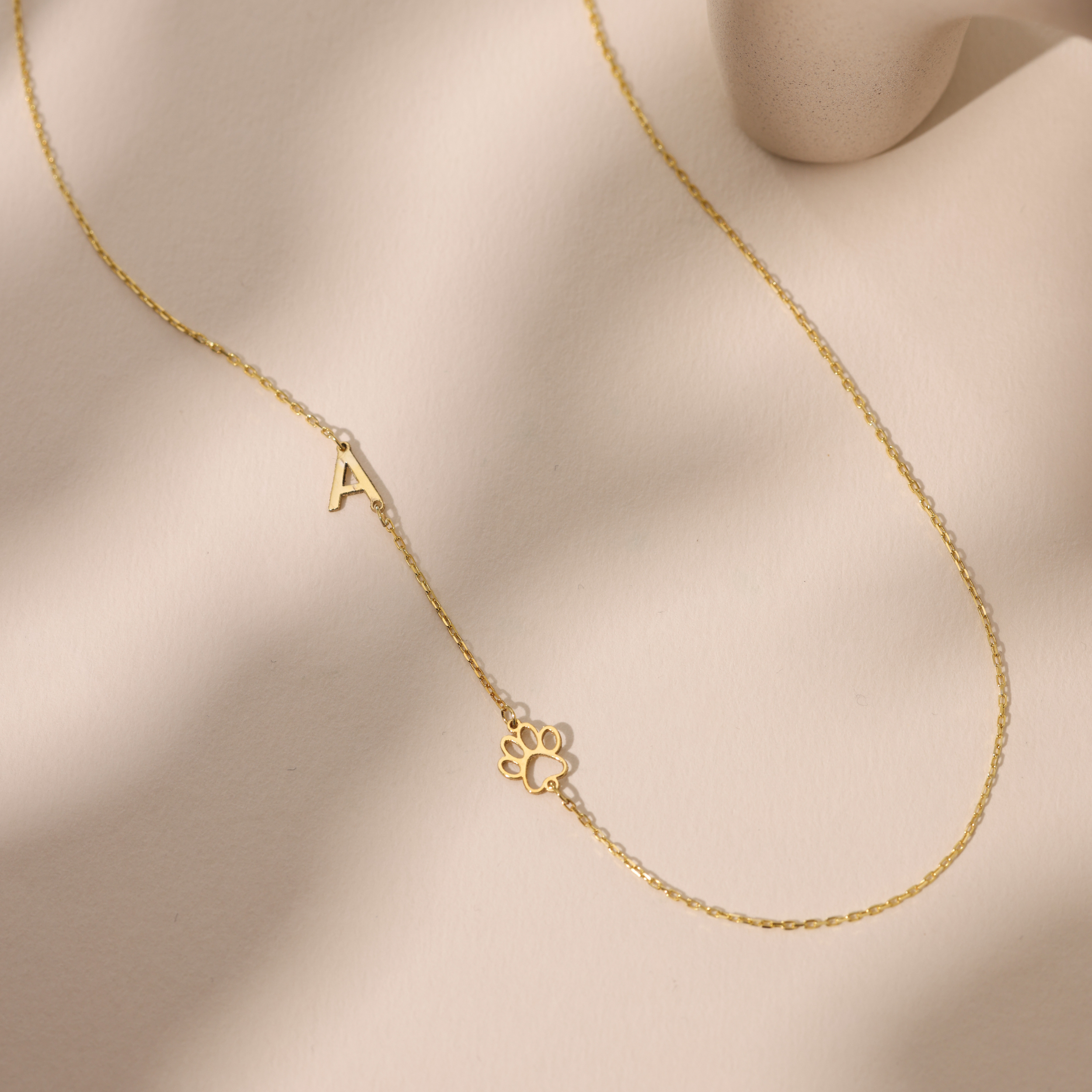 Personalized paw & initial necklace in rose gold-plated 925 sterling silver — pet memorial keepsake jewellery