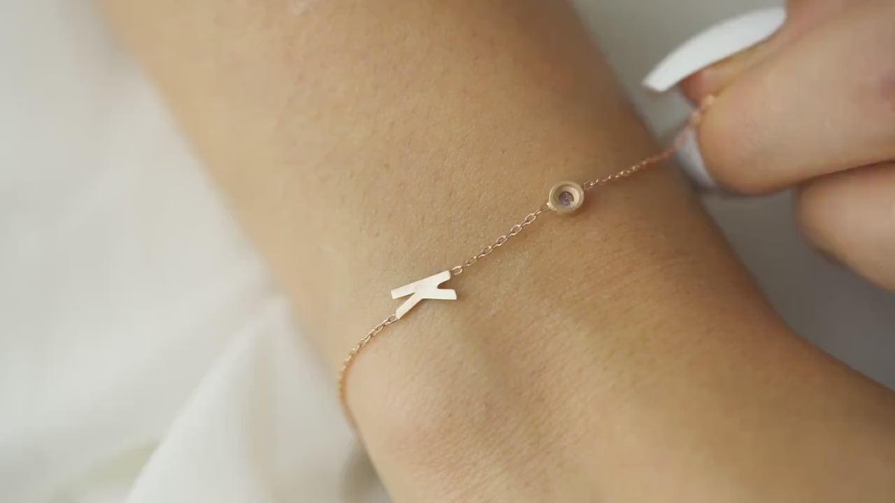 Dainty Initial Bracelet, Personalised Letter Bracelet with Birthstone, Gold Initial Bracelet, Bridesmaid Bracelet, Mother Birthday Gift