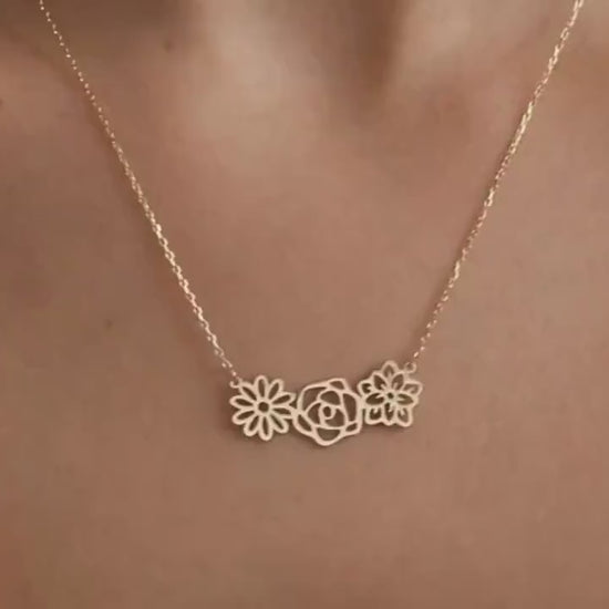 14k Gold Birth Flower Necklace, Family Necklace for Mom, Personalised Mother Jewelry, Christmas Gift for Grandma, Mothers Day Gift