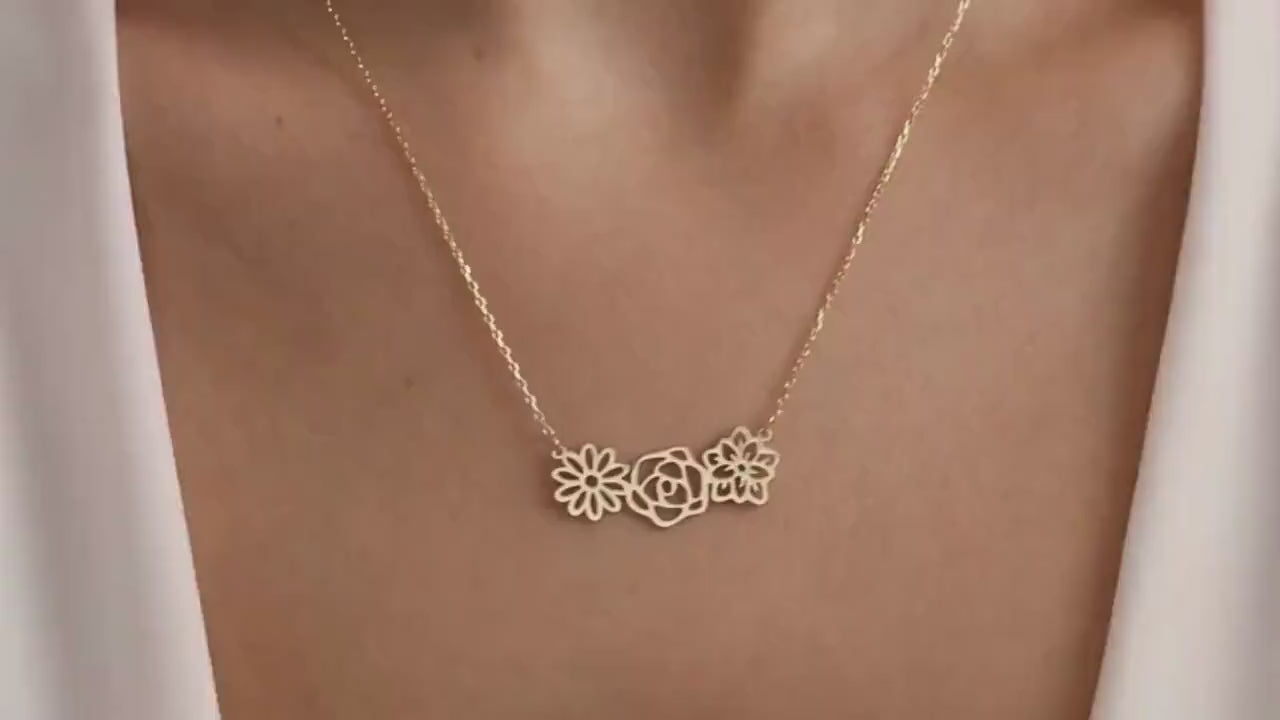 14k Gold Birth Flower Necklace, Family Necklace for Mom, Personalised Mother Jewelry, Christmas Gift for Grandma, Mothers Day Gift