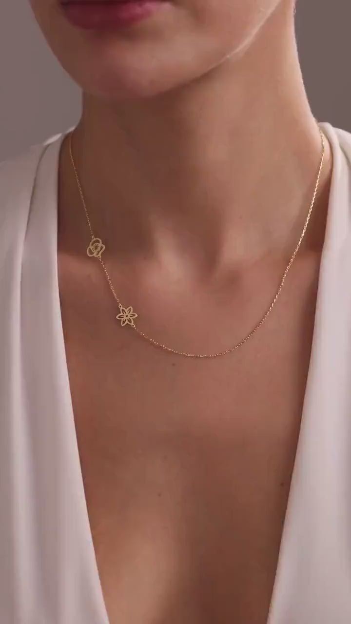 Personalized Multiple Birth Flower Necklace - Gold Sideways Birthflower Necklace - Unique Christmas Gift for Mom, Grandma, or Her