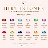 Birthstone colour options for marquise birthstone necklace — all 12 birth stones available in sterling silver and 14K gold