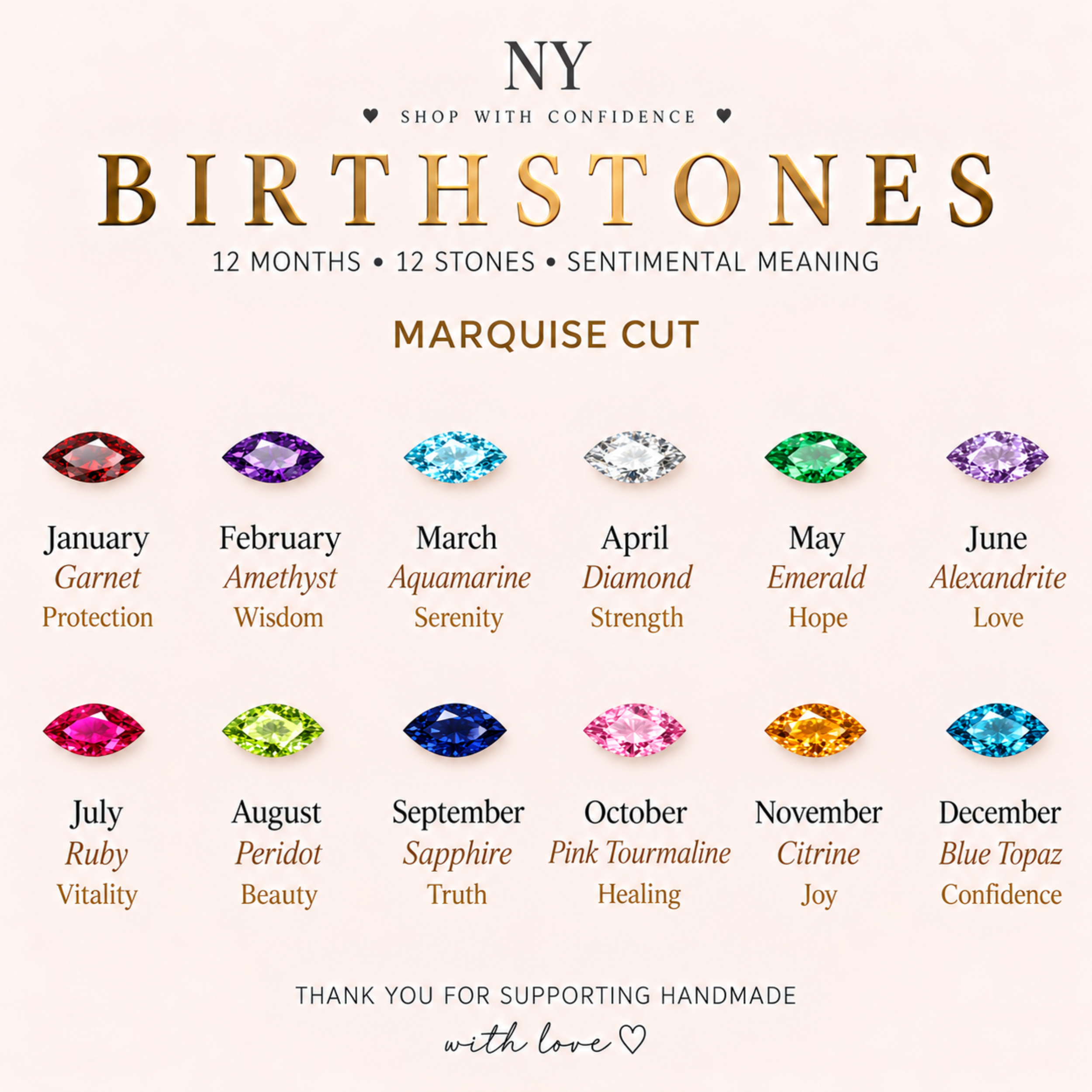 Birthstone colour options for marquise birthstone necklace — all 12 birth stones available in sterling silver and 14K gold