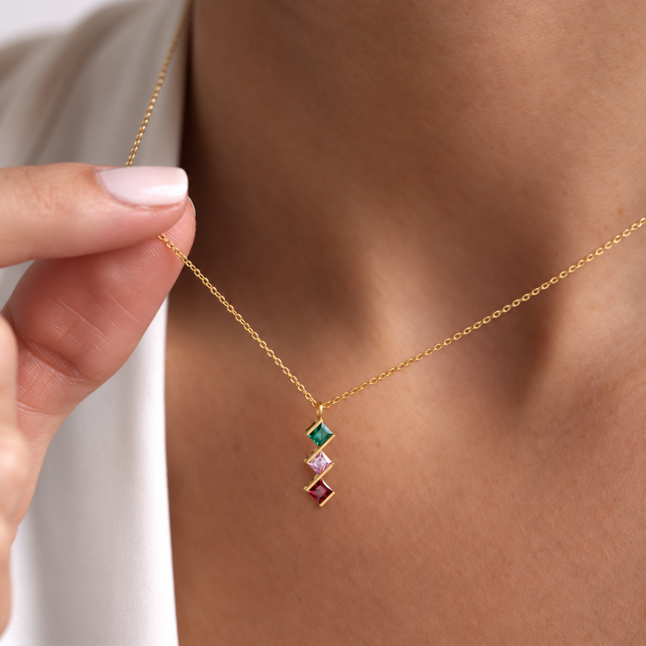 Birth stone necklace for mom with square-set vertical birthstones in 925 sterling silver