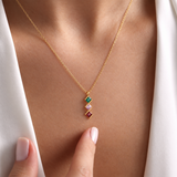 Vertical family birthstone necklace close-up — square-set gemstones in sterling silver